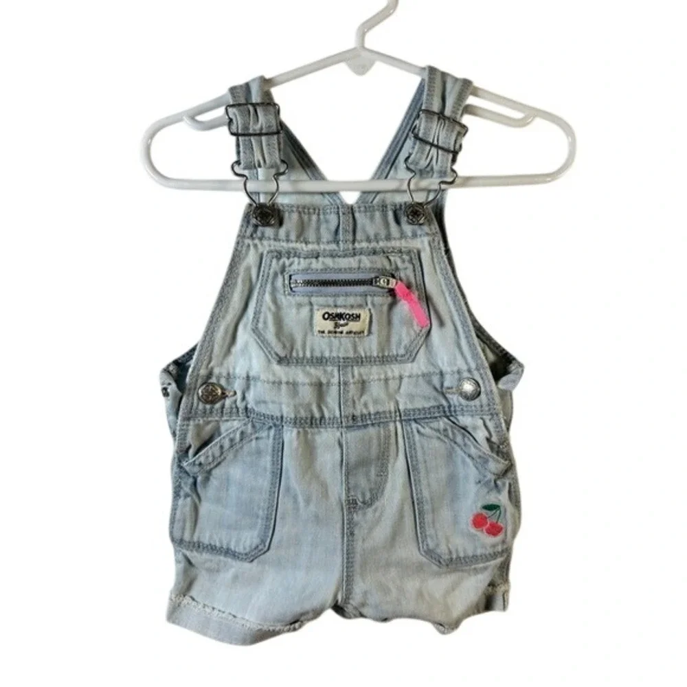 OshKosh B'gosh Denim Shortalls Baby 6-9M Light Blue Excellent Cherry Embroidered